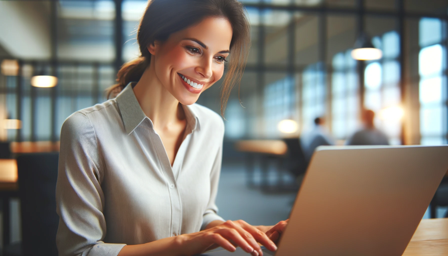 a woman smiling and working on a laptop in a modern office setting