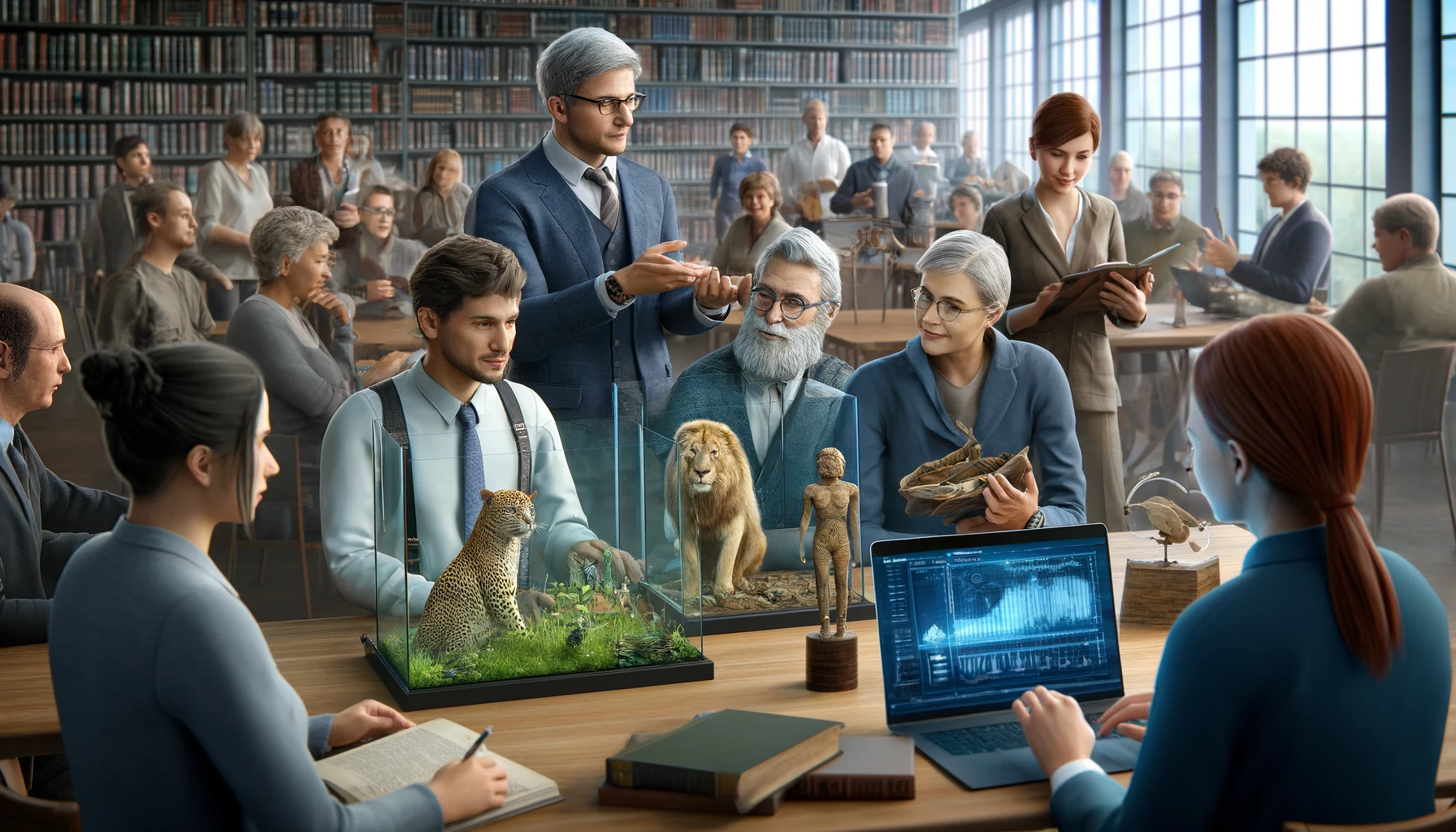 a diverse group of experts gathered in a modern library, engaging in a discussion.