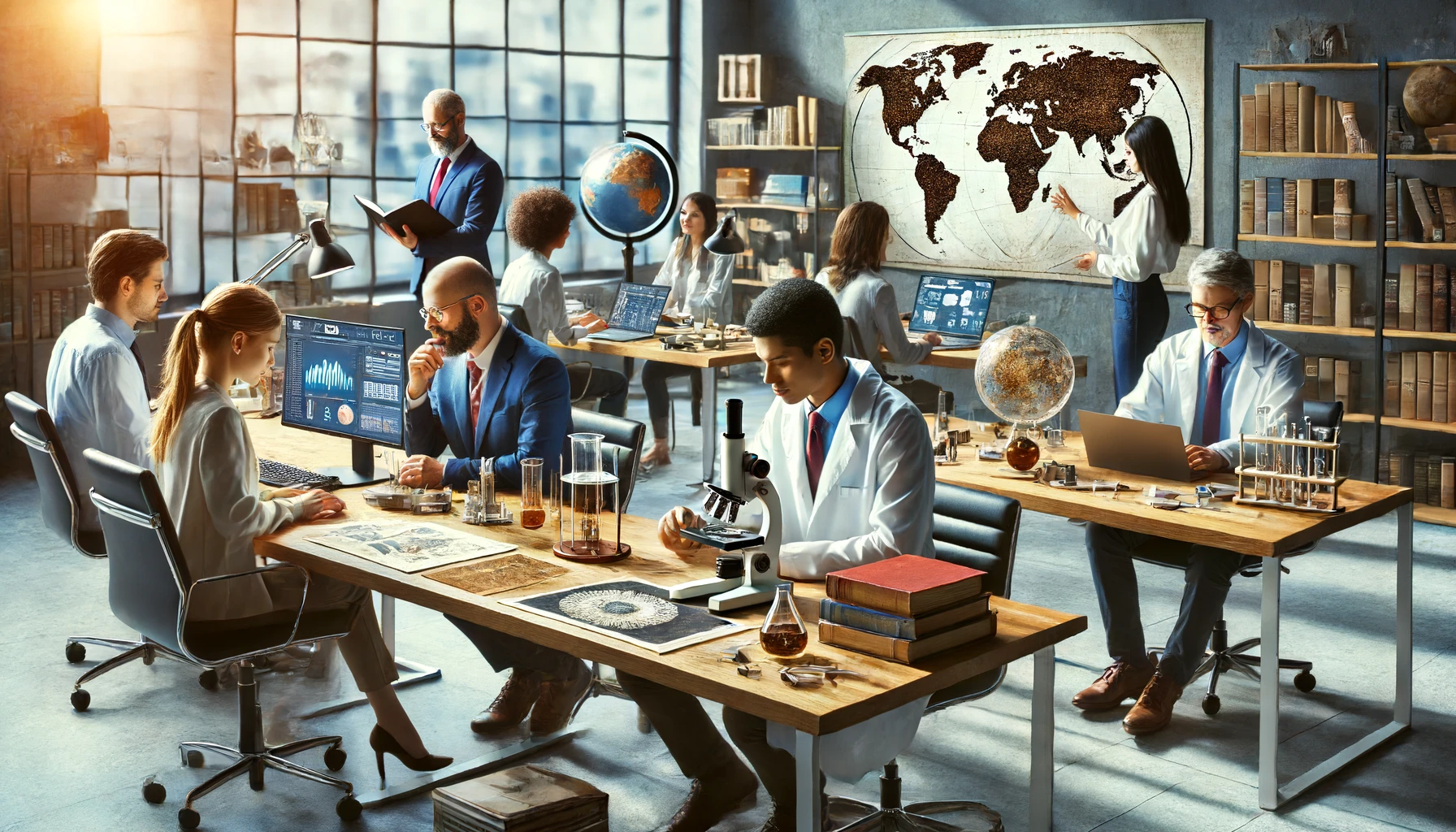 a collaborative workspace in an online encyclopedia office, where a multicultural team of experts is actively engaged in their respective tasks within a modern and dynamic research environment