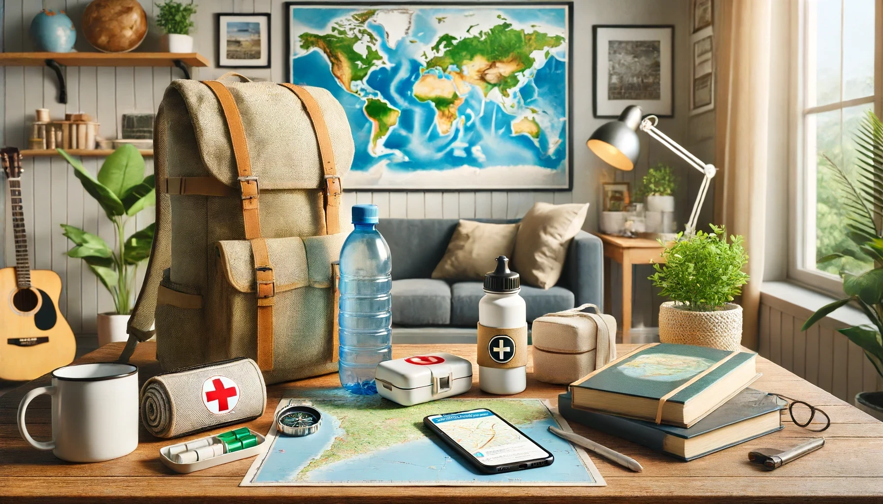 A photorealistic scene of a traveler's desk with essentials for a safe trip.