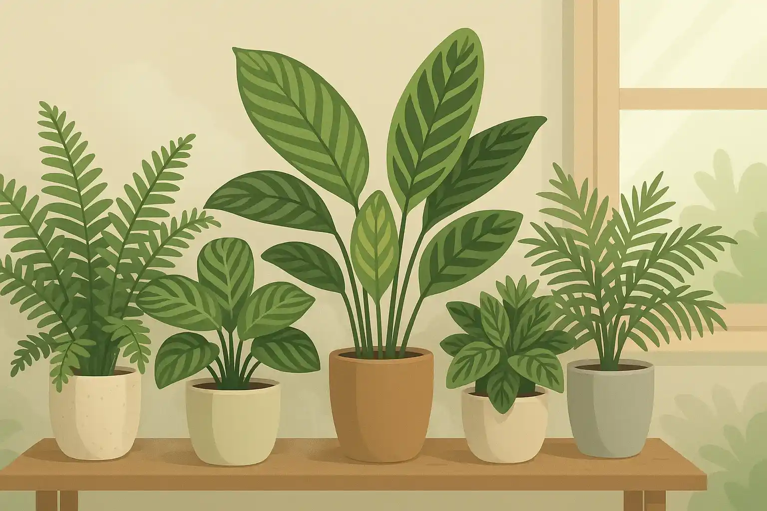 A table filled with tropical plants.