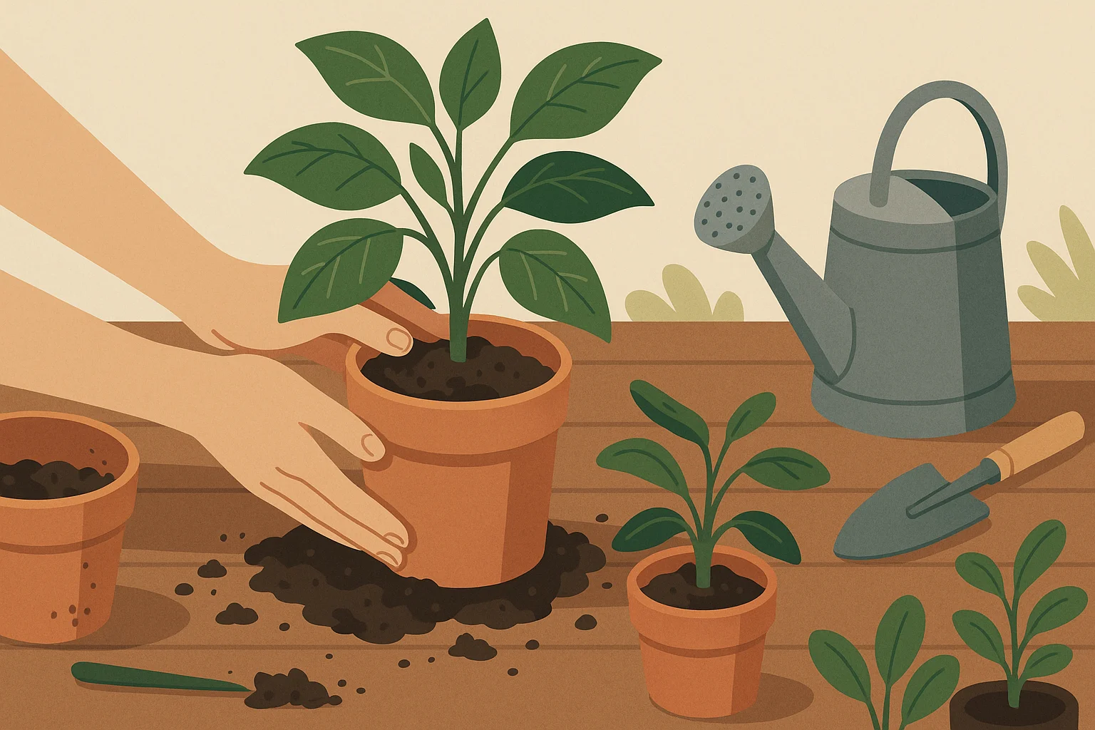Hands holding a flower pot during the repotting process.
