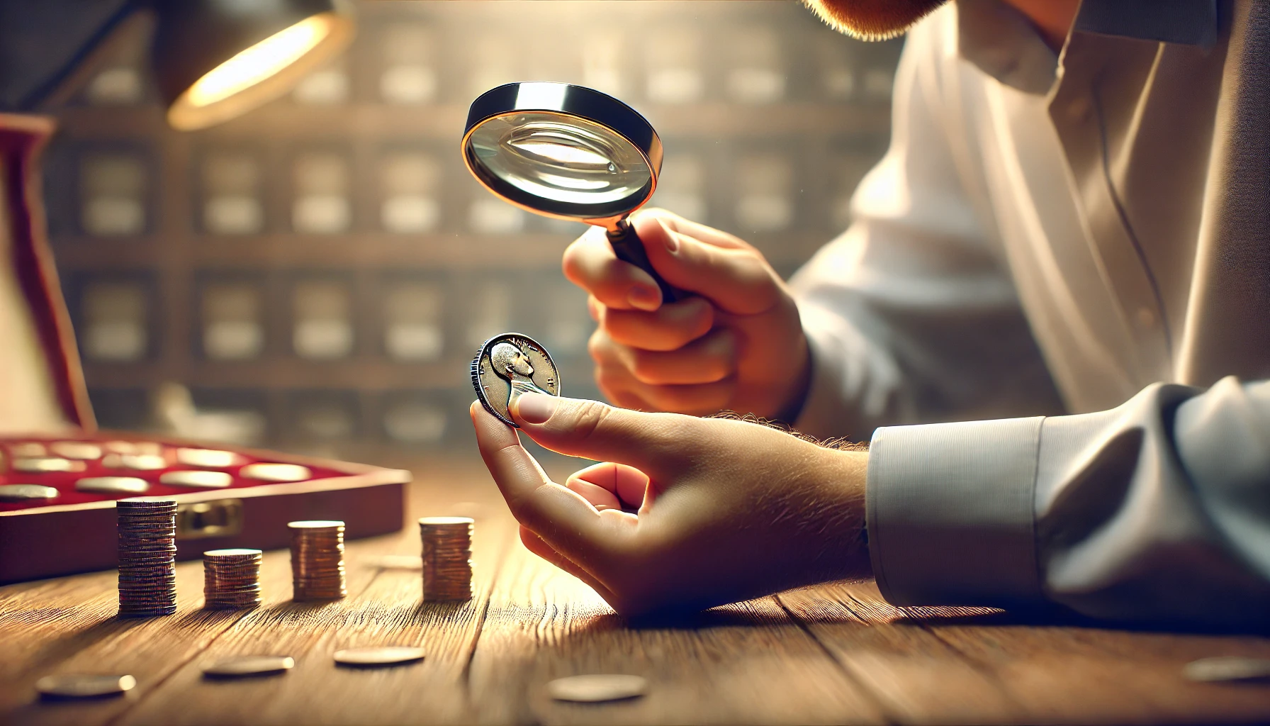 A coin collector intensely examining a single rare coin through a magnifying glass.