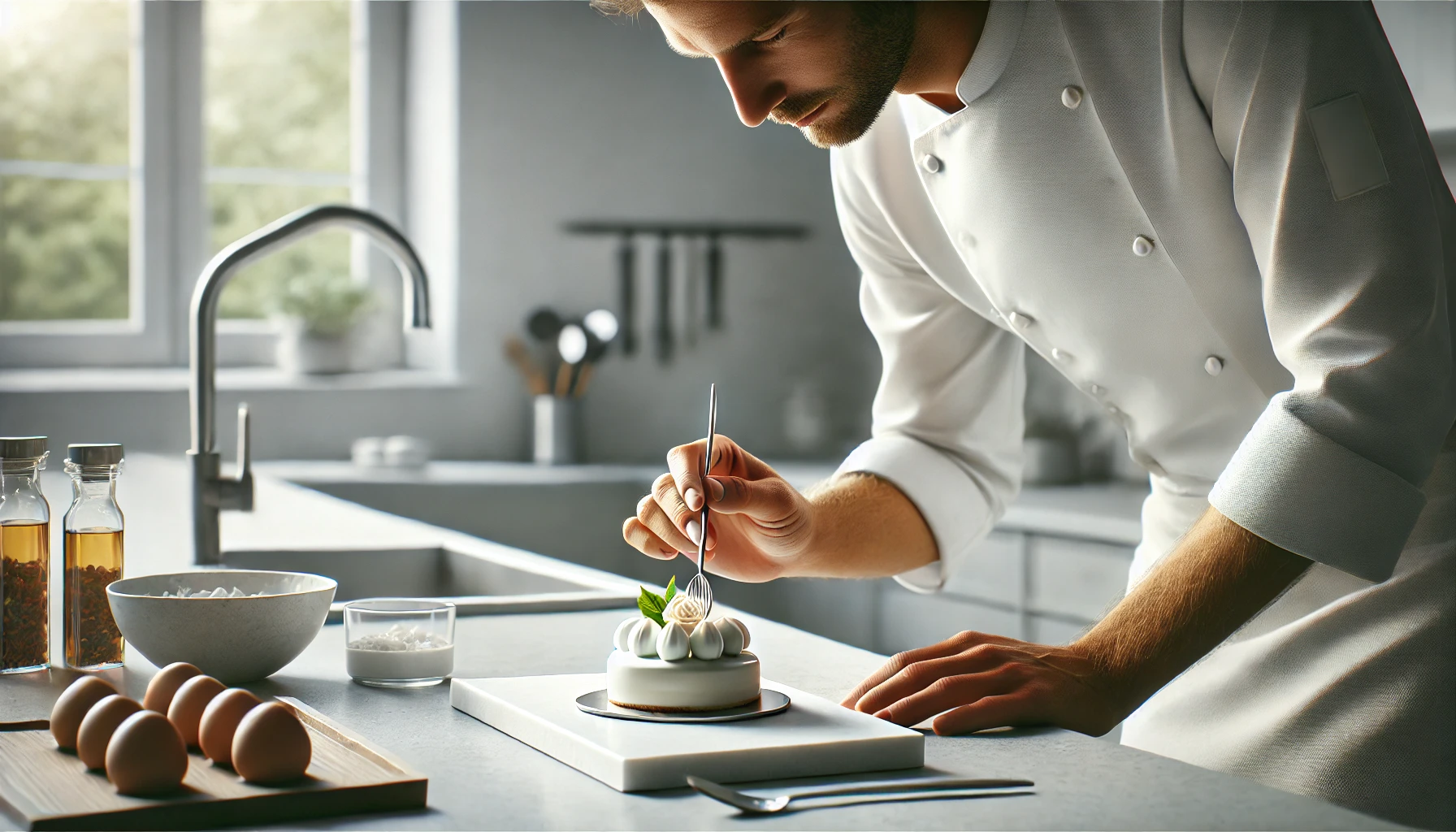 A chef in a minimalist kitchen carefully decorating a gourmet dessert.