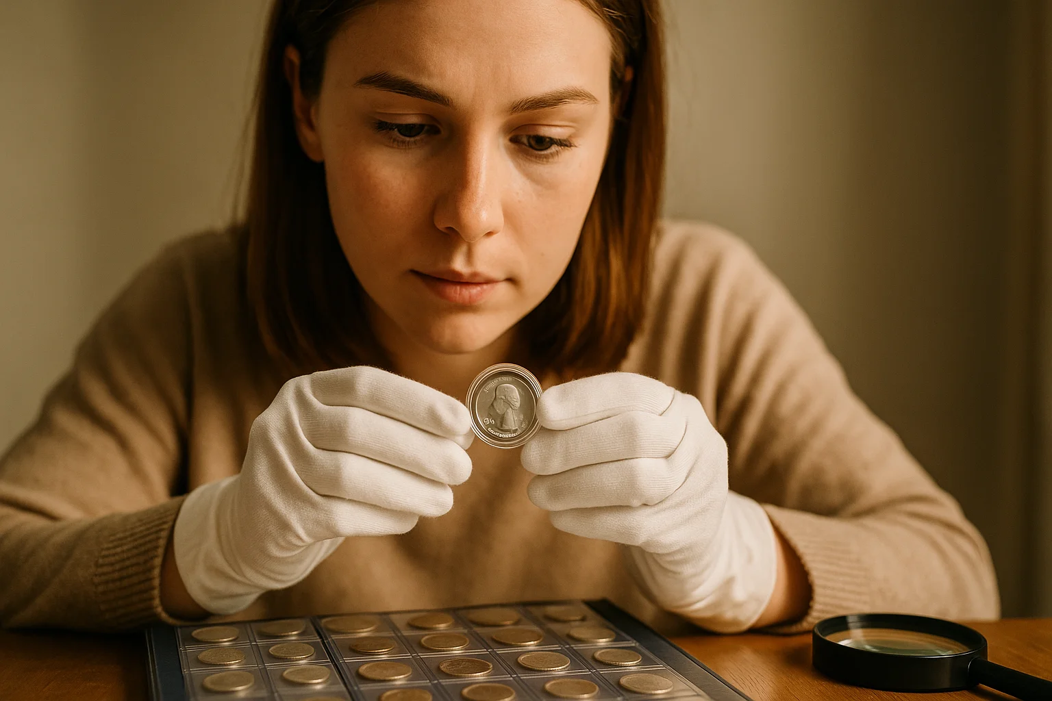 A young woman inspects a Harriet Tubman quarter in a protective capsule, organizing her collection in an album with a magnifier on the table.