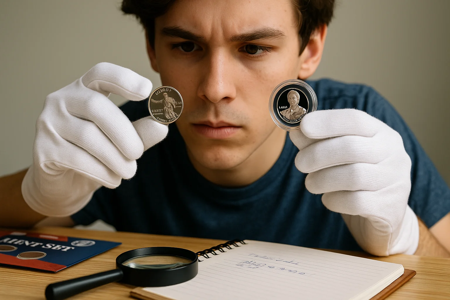 A young collector carefully examines a Harriet Tubman quarter and its Proof version using gloves, with a notebook and mint set materials nearby.